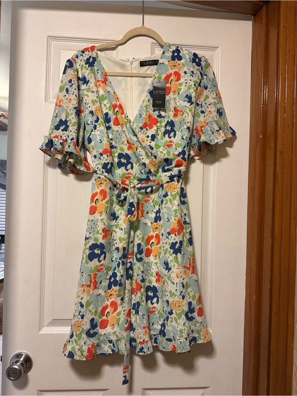 Lauren Ralph Lauren Floral Wrap Dress in Light Green with Navy & Coral